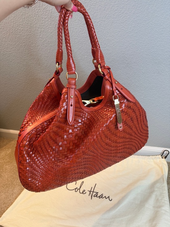 Cole Haan Genevieve Triangle Tote Red Woven Leather Shoulder Bag with Dustbag - Picture 3 of 12